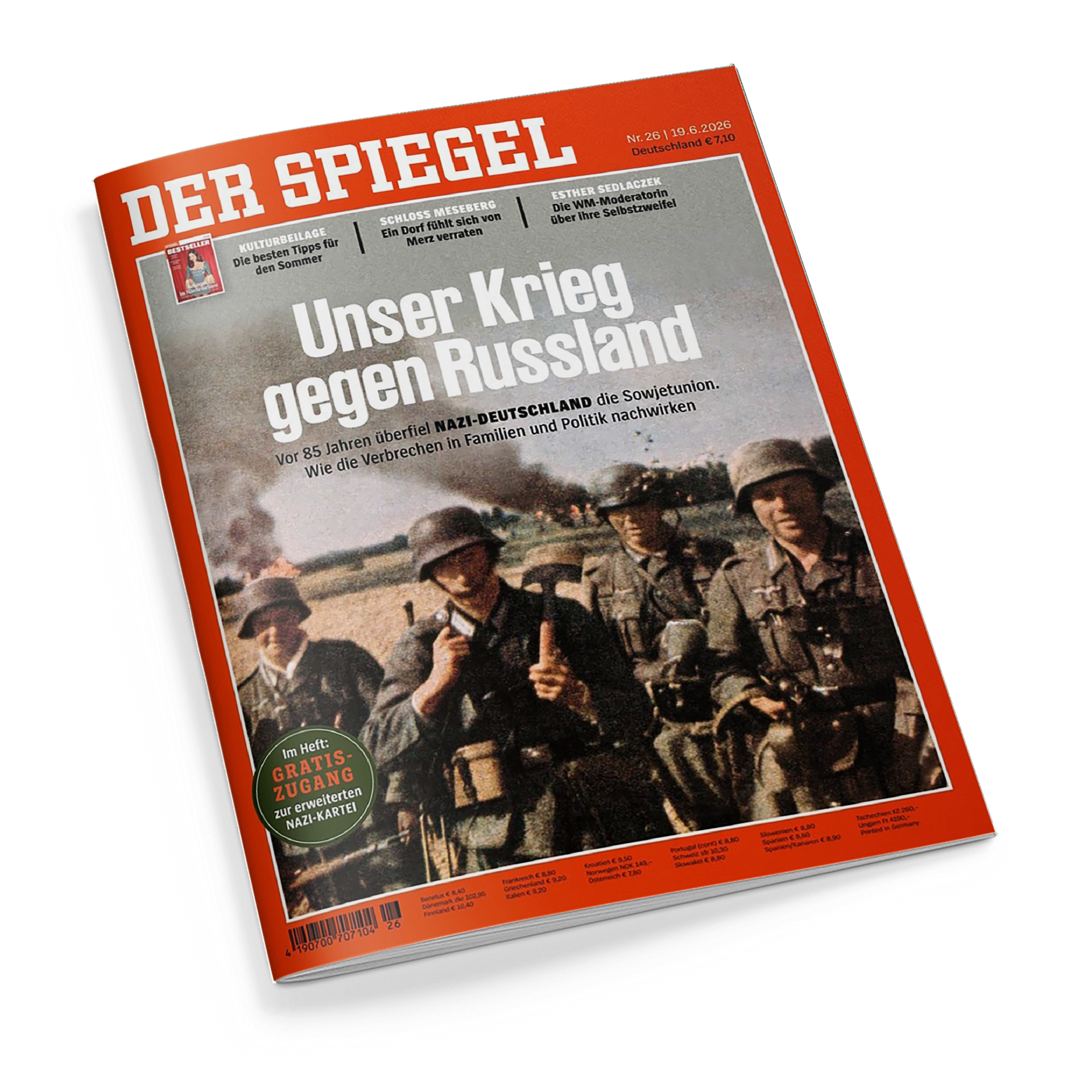 Titelblatt des Magazins „Der Spiegel“, Ausgabe Nr. 26 vom 19. Juni 2026, mit rotem Rand und Hauptüberschrift „Unser Krieg gegen Russland“. Darunter Text zu „vor 85 Jahren überfiel Nazi-Deutschland die Sowjetunion“. Im Mittelgrund sind mehrere uniformierte Soldaten mit Helmen und Gewehren auf einem Feld zu sehen, im Hintergrund Rauch und Feuer. Aufkleber links unten mit Aufschrift „Gratis Zugang zur erweiterten Nazi-Karte“.