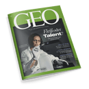 Titelbild der Zeitschrift „GEO“, Ausgabe März 2025, mit grünem Rahmen und dem Slogan „Die Welt mit anderen Augen sehen“; im Mittelpunkt eine weiblich gelesene Person im weißen Laborkittel und mit Schutzhandschuhen, die ein Reagenzglas hält; Haupttitel: „Fleiß oder Talent? Was entscheidet über meinen Erfolg?“ sowie weitere Schlagzeilen zu Themen wie mobiles Leben, Rohstoffe und politische Umbrüche.