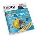 Titelbild der Zeitschrift „Euro – Das Magazin für Wirtschaft und Geld“, Ausgabe 6/2025, mit Schwerpunktüberschrift „Die neue Sicherheit: Gold & Bitcoin – Die beste Kombi für Ihr Vermögen“ vor hellblauem Hintergrund mit digitalem Raster und gold-blauer Münze; oben rechts ein Porträt eines älteren Mannes im Anzug mit verschränkten Armen, daneben Text: „Reich mit Buffett“, umgeben von weiteren Schlagzeilen zu ETFs, Rente, Nvidia und Aktienrendite.