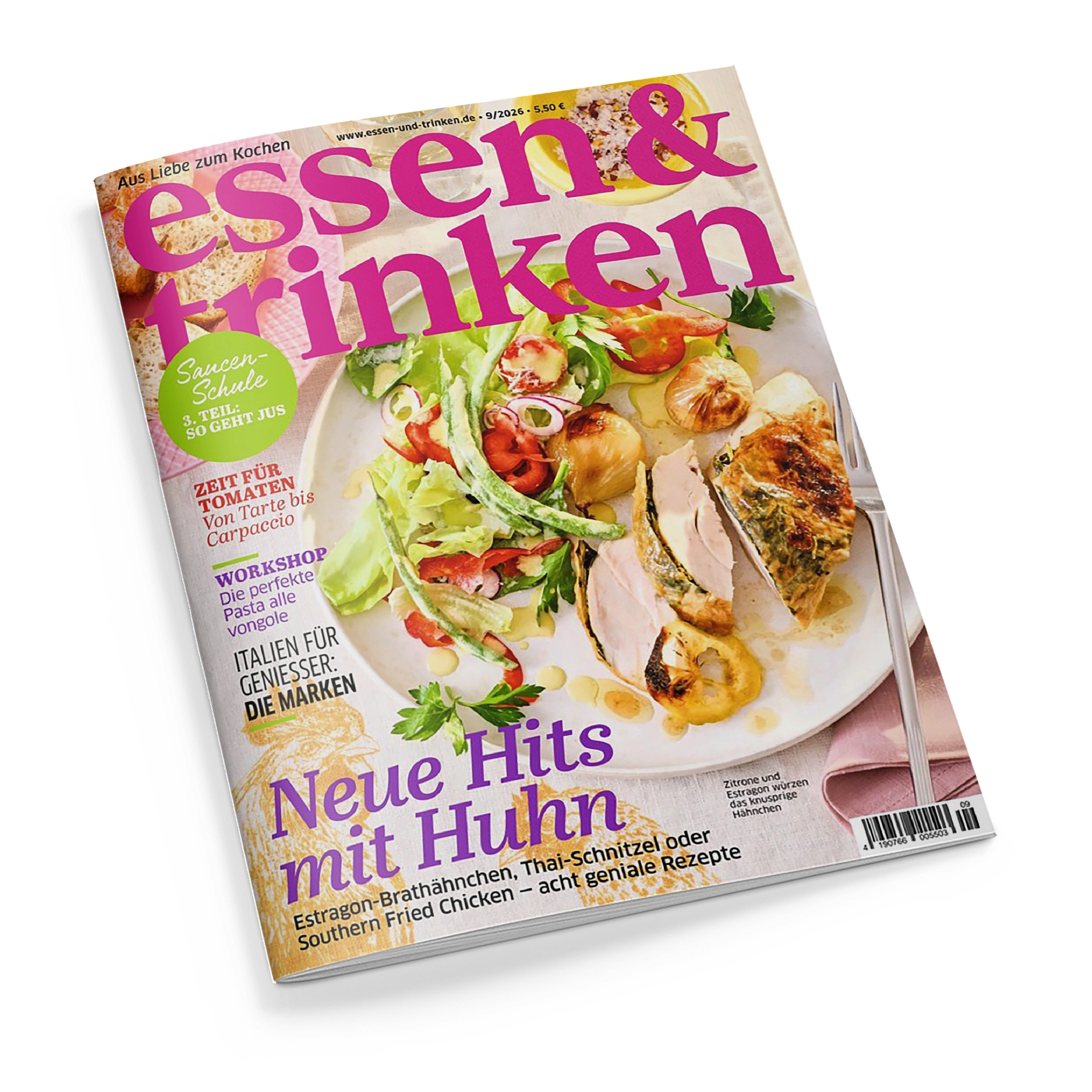 Schräg vor schwarzem Hintergrund: Cover der Zeitschrift „essen & trinken“ mit pinkem Titel, einem Teller mit Salat, Tomaten, Zwiebeln, Kräutern und gebratenem Hähnchen sowie Besteck. Aufschriften: „Aus Liebe zum Kochen“, „Saucen-Schule 3. Teil: So geht Jus“, „Zeit für Tomaten – Von Tarte bis Carpaccio“, „Workshop: Die perfekte Pasta alle vongole“, „Italien für Genießer: Die Marken“, „Neue Hits mit Huhn“ und „Estragon-Brathähnchen, Thai-Schnitzel oder Southern Fried Chicken“.