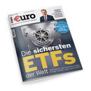 Schräg fotografiertes Magazin aus Papier mit weißem, dunkelblauem und gelbem Cover; darauf ein Tresor mit Zahnrädern und eine männliche Person im Anzug. Sichtbare Texte: „euro“, „DAS MAGAZIN FÜR WIRTSCHAFT UND GELD“, „Lindner exklusiv“, „Die sichersten ETFs der Welt“, „GEPRÜFT: 60 %, 90 %, 130 % GEWINN“ und „www.boerse-online.de“.