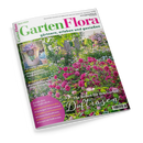 Titelbild der Gartenzeitschrift „GartenFlora“ vom Juni 2025 mit dem Untertitel „gärtnern, erleben und genießen“. Zentral ein Garten mit üppig blühenden pinken und rosafarbenen Duftrosen zwischen grünen Sträuchern, darüber Bäume im Sonnenlicht. Text auf dem Cover: „Die Besten für den Garten – Duftrosen“, Themenfelder u. a. „Pflegeleichte Trockenkünstler“, „Rasenmäher mit Akku-Antrieb“, „Gemüse mit Bitterstoffen“.