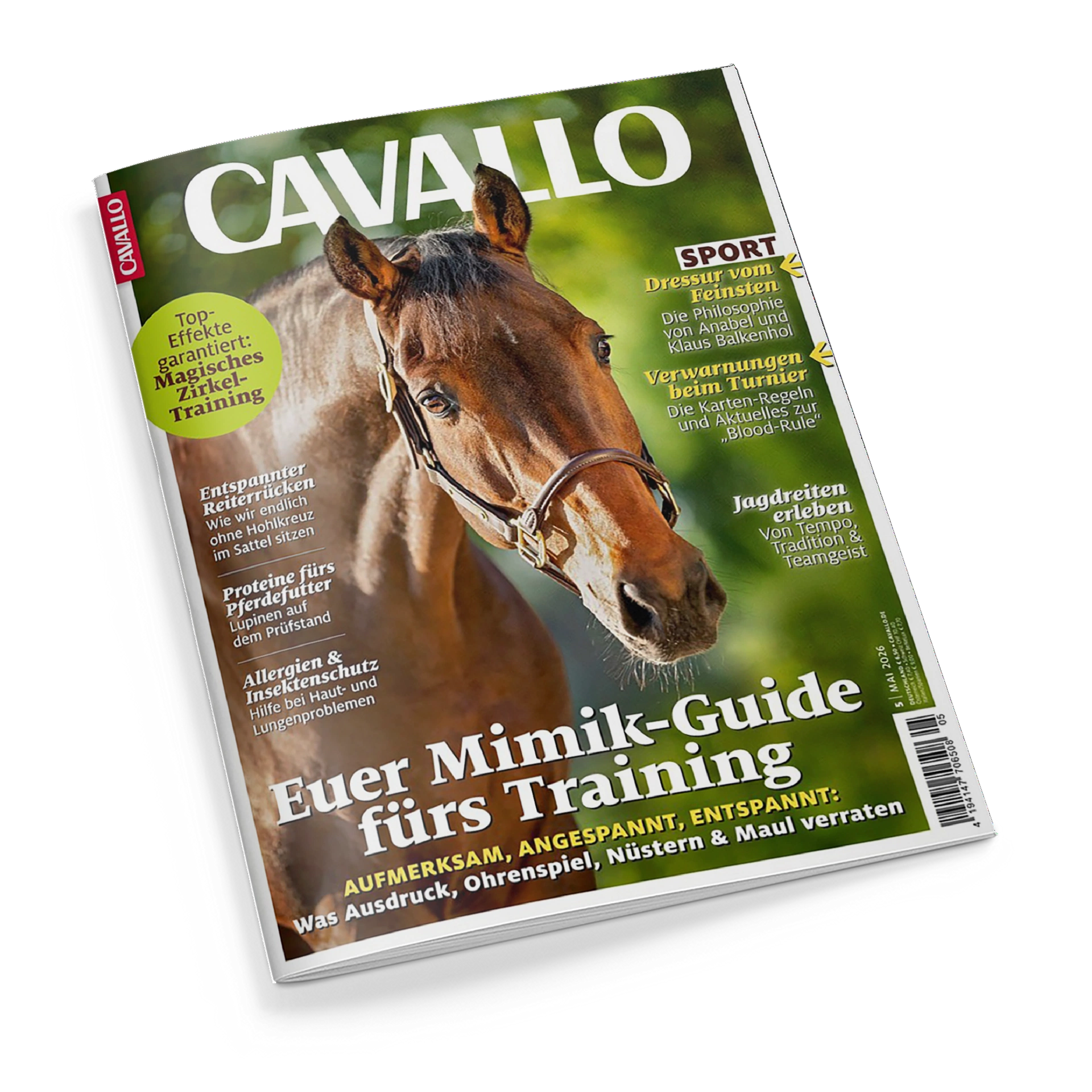 Titelblatt der Zeitschrift „Cavallo“ mit Nahaufnahme eines braunen Pferdes mit Zaumzeug vor grünlichem, unscharfem Hintergrund. Auf der linken Seite gelb markierter Kreis mit Text „Top-Effekte garantiert: Magisches Zirkel-Training“, daneben Überschriften wie „Entspannter Reitersitz“, „Proteine fürs Pferdefutter“ und „Allergien & Insektenschutz“. Weiße Hauptüberschrift unten: „Euer Mimik-Guide fürs Training“.