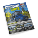 Titelbild der Zeitschrift „Camper Vans“, Ausgabe 1/2025, mit einem blauen Mercedes Marco Polo Campervan in Frontansicht vor bewaldeter Berglandschaft, aufgeklapptem Schlafdach und zwei sitzenden Personen, darunter große Überschrift „Der bessere Bulli?“ sowie Themenvorschauen: „Klasse Kompakter“, „Das Bruder-Duell“, „Reise Skandinavien“, gelber Kreis mit Hinweis auf ein Gewinnspiel zur Messe CMT 2025, rechte obere Ecke mit Texten zu Systemvergleich und Bulli-Szene.