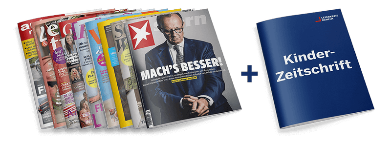 Neun nebeneinander gestaffelte Zeitschriften mit sichtbaren Titeln wie „stern“ mit dem Titel „Mach’s besser!“ und dem Porträt eines älteren Mannes im Anzug, flankiert von weiteren Magazinen mit bunten Covern und Texten; rechts daneben ein dunkelblaues Heft mit weißer Aufschrift „Kinder-Zeitschrift“ und kleinem Logo „LESERKREIS DAHEIM“ in der rechten oberen Ecke.