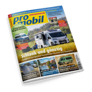 Titelblatt des Magazins „promobil“ mit großem gelbem Schriftzug auf blauem Hintergrund. Im Zentrum ein weißes Wohnmobil auf einer Wiese, davor eine sitzende Person auf einem Campingstuhl. Hauptüberschrift: „Schlank und günstig – Sunlight V 67 S im Supercheck“. Weitere Texte: „14 Campingbusse für große Menschen“, „Solartaschen im Test“, „Relaxen mit Seeblick“, „Westfalia James Cook“. Farbtöne überwiegend Gelb, Blau und Grün.