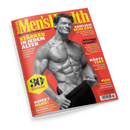 Titelblatt der Zeitschrift „Men’s Health“ mit gelbem Schriftzug auf rotem Hintergrund, mittig ein muskulöser, oberkörperfreier Mann in Schwarz-Weiß-Aufnahme. Textinhalte: „Stärker in jedem Alter“, „Endlich schlank“, „Härtetest“, „30 Jahre Men’s Health“, „Super? Mann!“. Weitere gelbe und weiße Schriftfelder mit redaktionellen Themen zu Fitness, Abnehmen und Sportuhren.