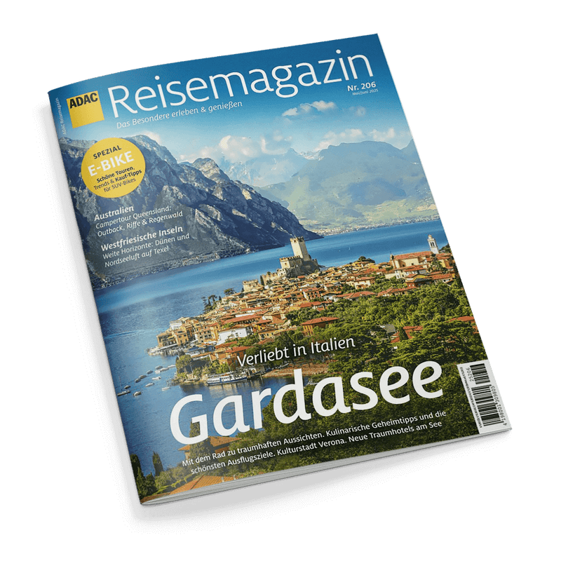 Titelbild des „ADAC Reisemagazin“ Nr. 206 mit dem Schwerpunkt „Gardasee“, zentrale Aufschrift „Verliebt in Italien – Gardasee“, darunter Zusatztexte u. a. zu Ausflugstipps, Verona und Hotels; oberes Drittel mit blauem Schriftzug „Reisemagazin“, gelbem „ADAC“-Logo und gelbem Kreis mit dem Text „Spezial E-Bike“; Hintergrundfoto zeigt ein Küstenstädtchen am Gardasee mit Altstadt, Burg und Alpenpanorama bei klarem Wetter.