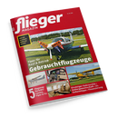 Schräg abgebildetes rotes Magazincover „flieger MAGAZIN“ mit dem Titel „Gebrauchtflugzeuge“ und einem einmotorigen Flugzeug mit „FOR SALE“-Bannern auf einer Graspiste. Weitere sichtbare Texte: „Was ein Flugzeug wirklich kostet“, „Tipps für Kauf & Betrieb“, „Flugzeug-Porträts: Cessna, Piper & Co.“ sowie „Einsteiger-Gebrauchte • Haltergemeinschaft • UL-Geheimtipps • Finanzierung“; darunter mehrere Fotos von Flugzeugen, Cockpit und Innenraum.