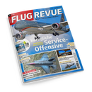 Schräg vor schwarzem Hintergrund liegendes, glänzendes Magazincover von „FLUGREVUE“, dem „Luft- und Raumfahrt-Magazin“, mit einem großen grauen Passagierflugzeug im Flug vor blauem Himmel. Sichtbare Texte: „Königliche Service-Offensive“, „Jordaniens neue Flotte“, „SPECIAL Helikopter“, „FCAS-Zukunft“, „Raumsonde SMILE“, „Boeing 777-9“ und „HELIS IM HÄRTETEST“; darunter Fotos eines Kampfjets, Helikopters und Flugzeugs.