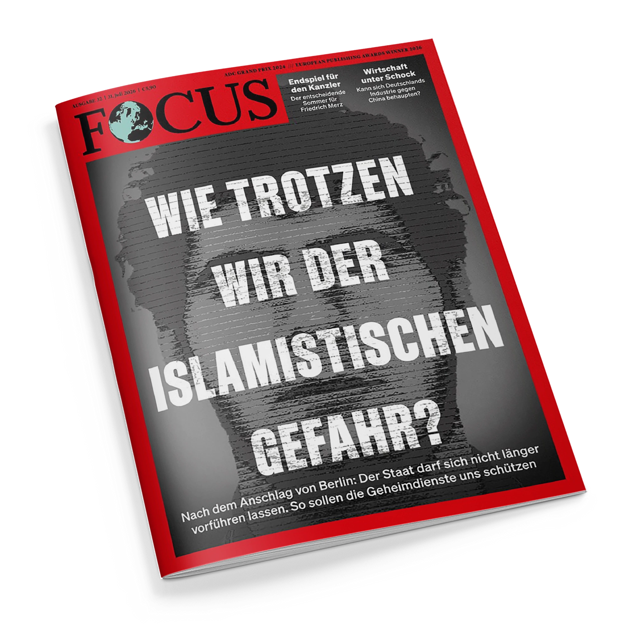 Schräg dargestelltes FOCUS-Magazin mit rotem Rand, schwarzem FOCUS-Logo und Globus-Symbol auf grauschwarzem, streifenförmigem Hintergrund. Titelzeilen: „WIE TROTZEN WIR DER ISLAMISTISCHEN GEFAHR?“, „Endspiel für den Kanzler“, „Wirtschaft unter Schock“ sowie „Nach dem Anschlag von Berlin: Der Staat darf sich nicht länger vorführen lassen. So sollen die Geheimdienste uns schützen“.