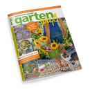 Schräg abgebildetes Gartenmagazin „garten spaß“ mit dem Text „September 2026“, „Das Garten-Magazin mit vielen Schritt-für-Schritt-Anleitungen“ und „Gärtnern leicht gemacht“. Das Cover zeigt eine weibliche Person mit blauem Oberteil, Jeansshorts und grüner Gießkanne voller Sonnenblumen, einen gestreiften Kater sowie Blumenfotos und die Aufschriften „Trends für Topf & Terrasse“, „Blühende Sterne“, „Was jetzt richtig gut wird“ und „Volle Kanne Spätsommer“.