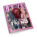 Schräg liegendes, pinkfarbenes GRAZIA-Magazin mit drei weiblich gelesenen Models: links in grauem Denim, mittig in glänzend roter Lederkleidung mit Pelzkragen, rechts in rosafarbenem Kleid. Sichtbare Texte: „DIE GROSSE RUNWAY-EDITION“, „DAS WIRD TREND“, „LEDER-STYLES +++ DOUBLE-DENIM +++ NEW-WHITE +++ OVERKNEES +++ GOTHIC-GLAM“ und „IM SPOTLIGHT: Charlize Theron + Sienna Miller + North West + Blake Lively“; kleine Laufstegbilder umrahmen das Titelmotiv.