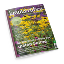 Schräg abgebildetes Magazincover „kraut&rüben“ mit gelben Blüten, grünen Stängeln und Blättern vor violett-grünem Hintergrund, violettem Buchrücken und grünem „diy“-Logo. Sichtbare Texte: „SCHÖNER. WILDER. BIOGARTEN.“, „Gärtnern im Schein der späten Sonne“, „COOL-FLOWER-METHODE: Jetzt säen, im Frühling strahlen“ und „DIE TOMATEN SIND REIF!“.