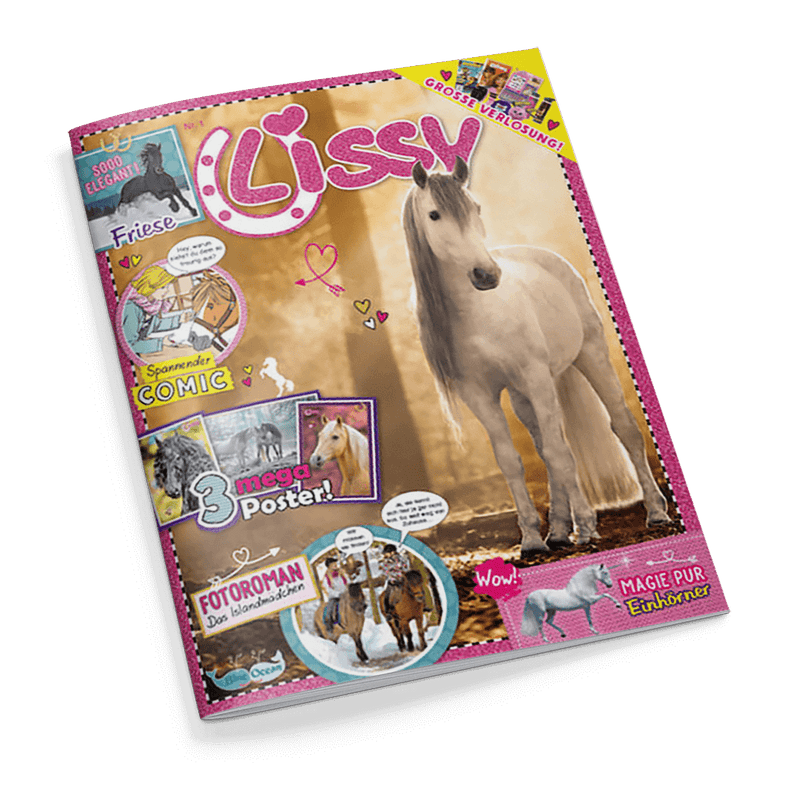 Cover der Zeitschrift Lissy. Ein weißes Pferd mit langer Mähne, Spannender Comic, drei mega Poster und ein Fotoroman