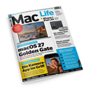 Schräg fotografierte Zeitschrift „Mac Life“ mit weißem Cover auf schwarzem Hintergrund. Sichtbar sind die Texte „iPhone Ultra: Apples große Pläne für das kommende Spitzenmodell“, „iPhone & iPad Life“, „macOS 27 Golden Gate“, „Die Kamera-App im Griff“ und „Über 100 Seiten Tests + Praxis“; abgebildet sind ein MacBook, Mac mini, eine Fernbedienung und ein Smartphone mit dem Foto einer weiblichen Person.