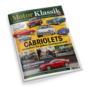 Schräg fotografiertes Magazincover „Motor Klassik“ mit dunkelgrünem und gelbem Layout, Logo „auto motor sport“ sowie mehreren klassischen Fahrzeugen, darunter VW Golf I, Ford Galaxie 500, Porsche 911, Fiat Dino Spider, Mercedes CLK und Triumph Stag. Sichtbare Überschriften: „CABRIOLETS“, „Genießen Sie jeden Sonnenstrahl!“, „Alfa 8C Competizione“ und „Adler 2 Liter Cabrio top restauriert“.