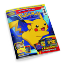 Schräg fotografiertes, glänzendes Pokémon-Magazincover vor schwarzem Hintergrund mit großem gelbem Pikachu auf blauem Konfettihintergrund. Sichtbare Texte: „3D-Anhänger“, „Funpack“, „XL-Poster“, „Postkarten“, „Highlight-Ausgabe“, „Schnapp sie dir alle!“, „4 Postkarten mit Goldprägung!“, „Mit Mega-Gewinnspiel!“, „Panini“ und „www.pokemon.de“.
