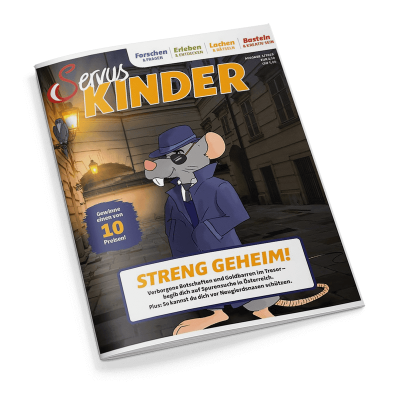 Cover des Magazins Servus Kinder: Eine Detektivmaus mit Hut und Trenchcoat steht in einem düsteren Gang. Schlagzeile: STRENG GEHEIM!