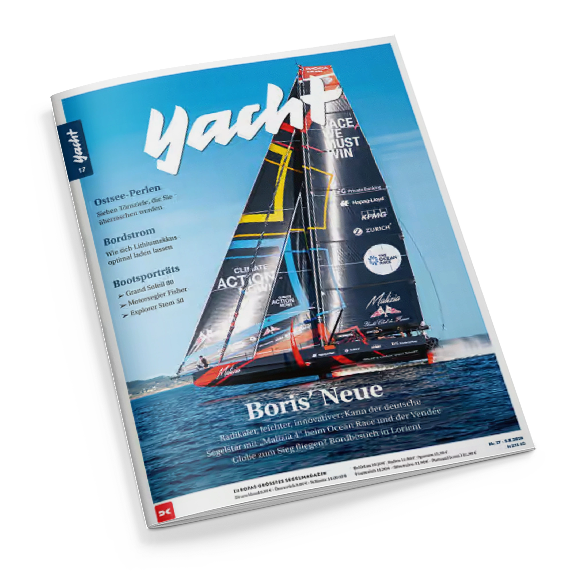 Schräg fotografiertes Magazincover „YACHT“ mit einem schwarzen Rennkatamaran und hohem Mast auf blauem Meer unter blauem Himmel; gelbe, rote und türkise Linien sowie weiße Sponsorenaufschriften sind auf den Segeln erkennbar. Sichtbare Texte: „Ostsee-Perlen“, „Bordstrom“, „Bootsporträts“, „Bois Neuve“ und „ClubSwan 125“; keine Person ist eindeutig erkennbar.
